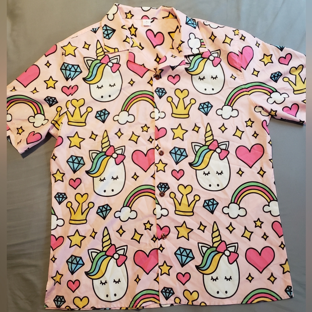 Mens Large Casual Pink Button Down Short Sleeve Unicorn Hawaiian Shirt